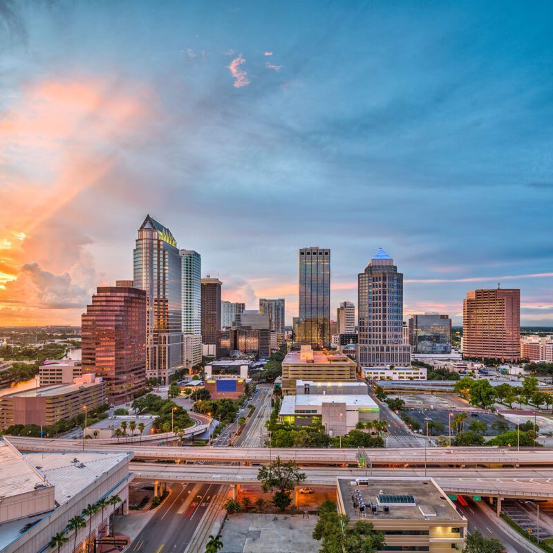 Dazzling view of Tampa, Florida's urban skyline at sunset
